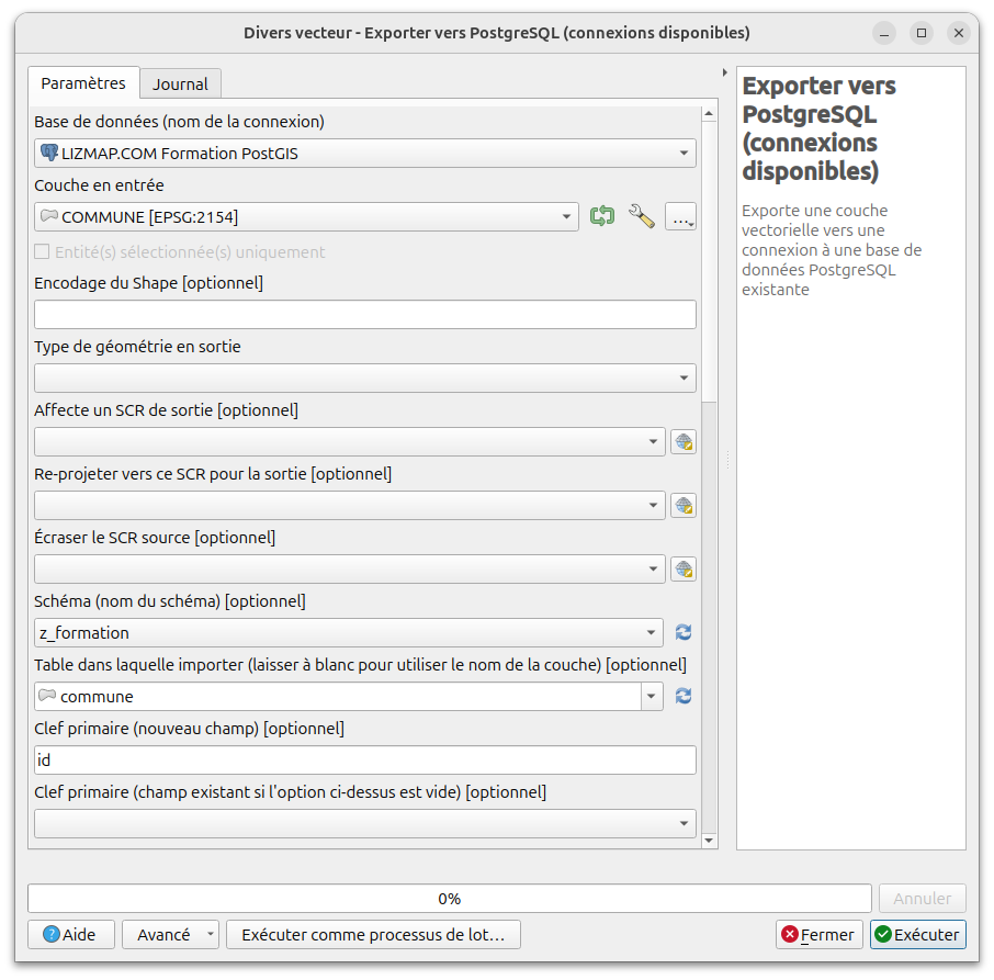 Algorithe d'export vers PostgreSQL