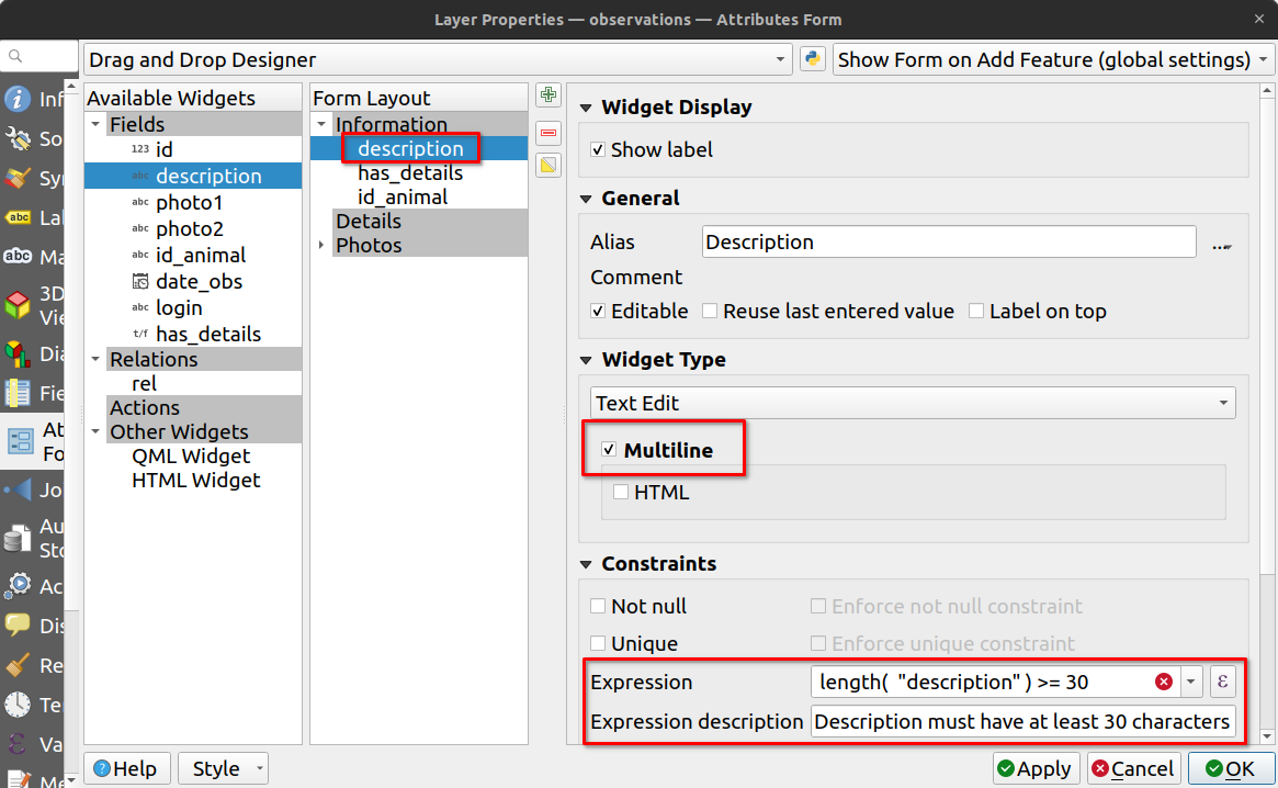 QGIS configuration de contraintes