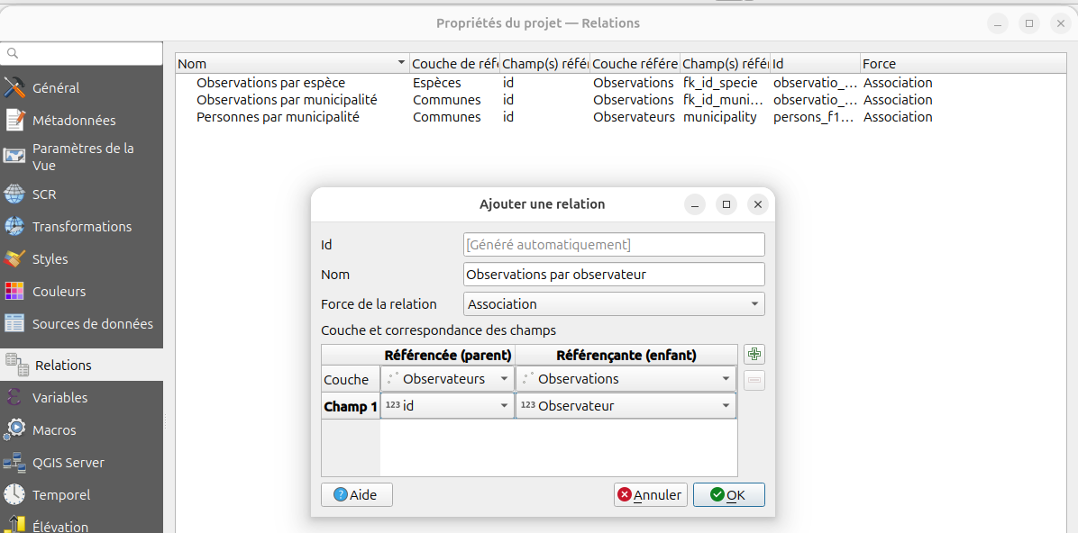 Relations QGIS
